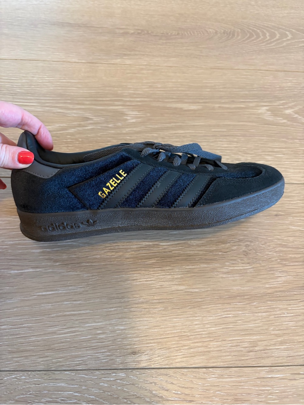 adidas Gazelle Black Suede Sneakers with Gold Logo